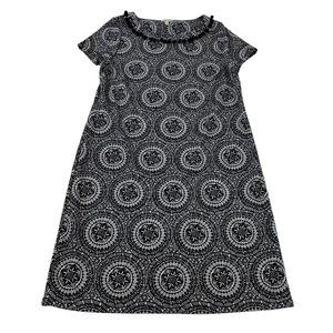 Talbots A-Line Dress Petite’s Medium Mp Black White Mandala Print Pom Pom Trim